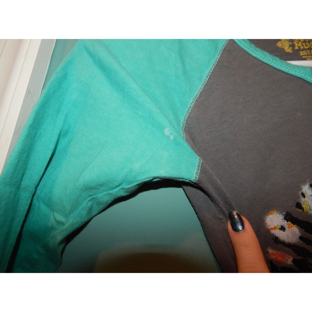 Mudd Girls 7/8 Charcoal Teal Peace Sign Hi‑Low Long Sleeve Top Vintage - Picture 11 of 11
